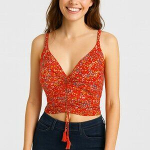 O'Neill Tank XL Red Floral Crop‎ Ruched Viscose Ditzy Print